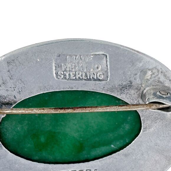 1940's Mexico Barrera Sterling Silver 925 Green Malachite Cabochon Pin Brooch - Picture 4 of 6